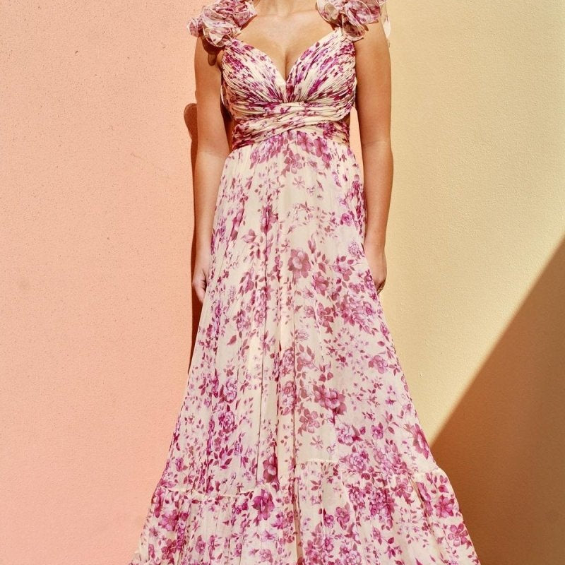 Alania Baskılı Fırfırlı Bağcıklı Uzun Elbise