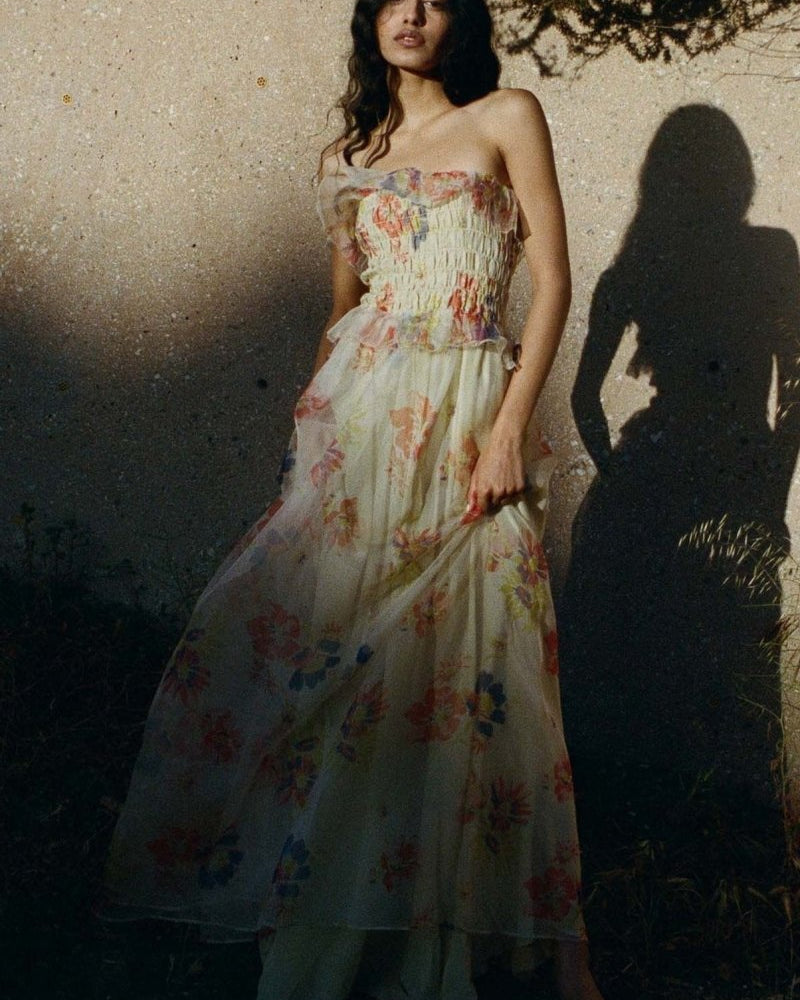 Alberta Baskılı Büzgülü Fırfırlı Maxi Elbise