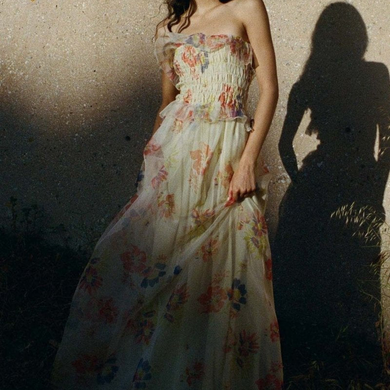 Alberta Baskılı Büzgülü Fırfırlı Maxi Elbise