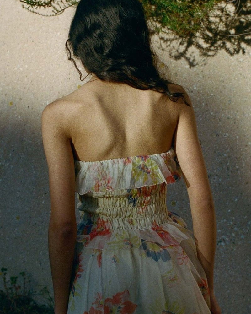 Alberta Baskılı Büzgülü Fırfırlı Maxi Elbise