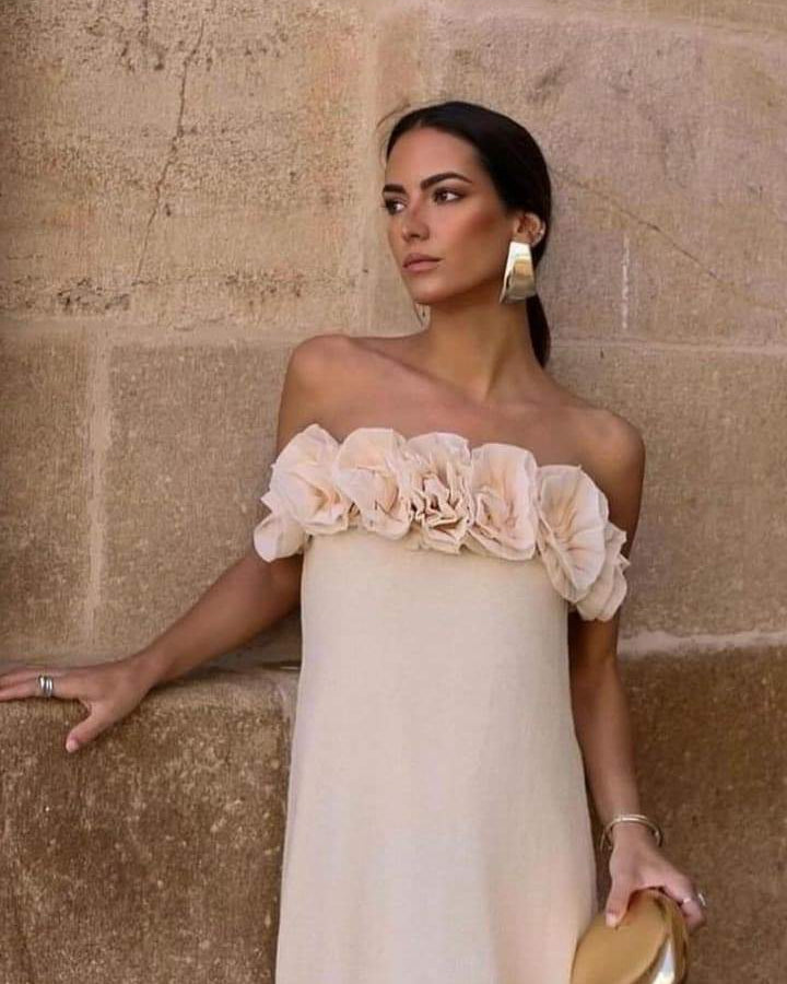 Alva Çiçekli Örme Straplez Uzun Elbise