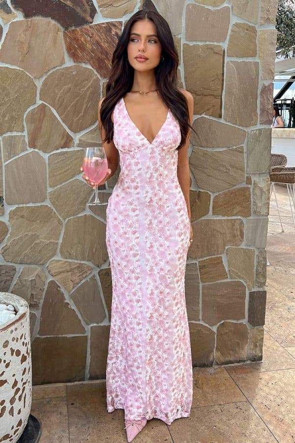 Amelia İşlemeli Dantelli Sırtı Açık Uzun Elbise