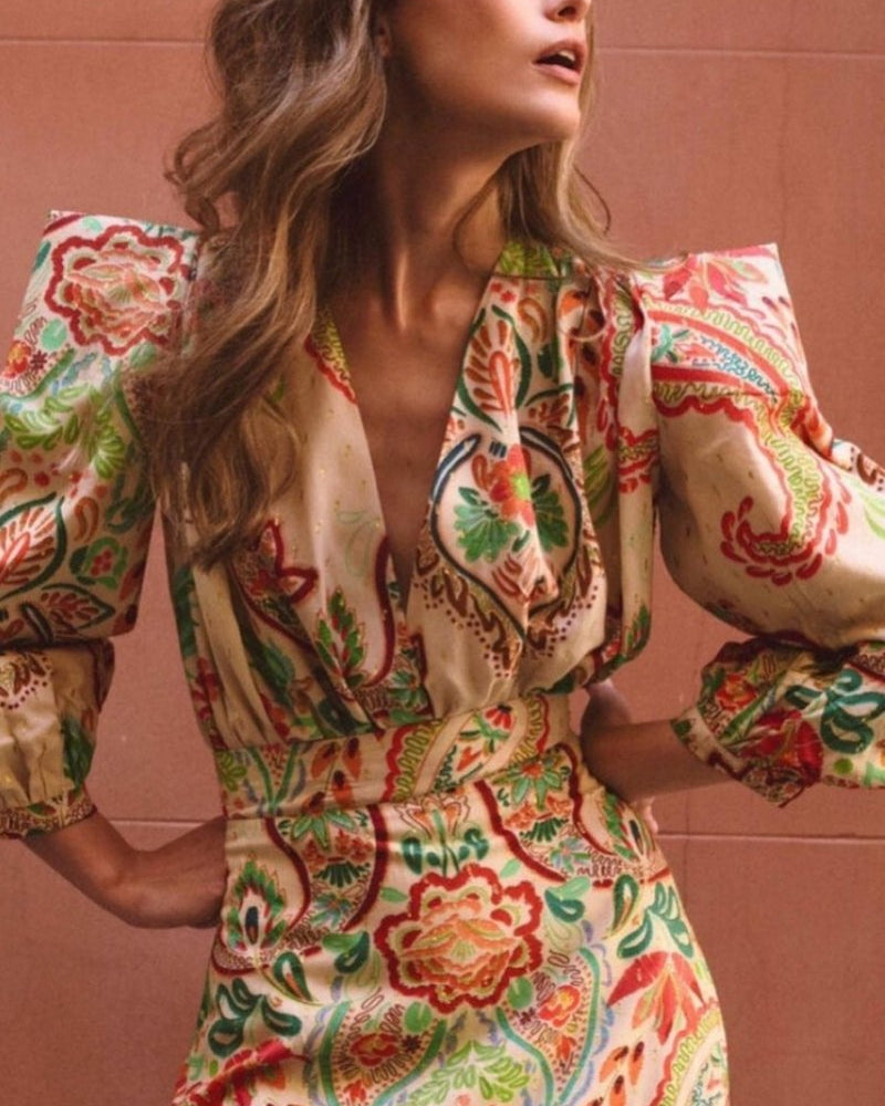 Amelia Baskılı V Yaka Polyester Maxi Elbise