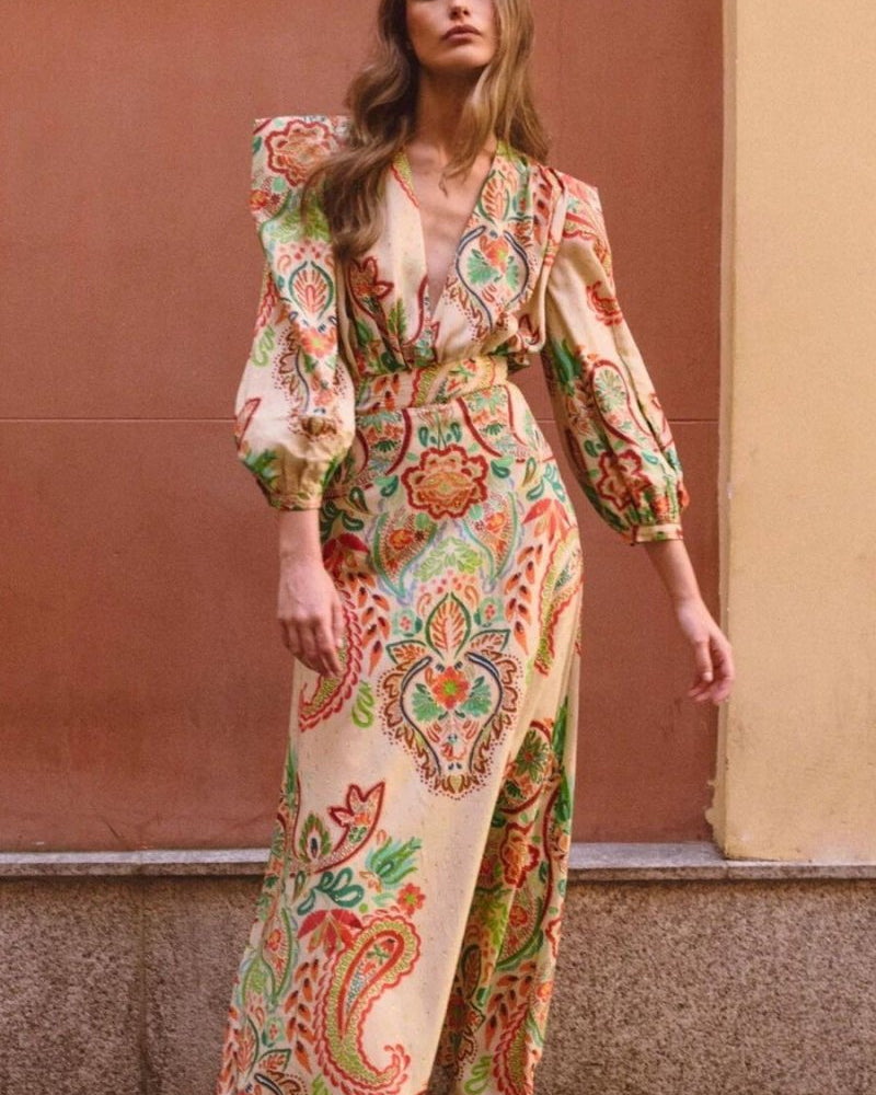 Amelia Baskılı V Yaka Polyester Maxi Elbise