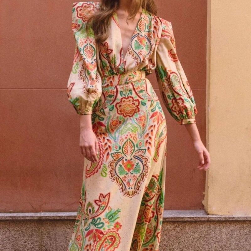 Amelia Baskılı V Yaka Polyester Maxi Elbise