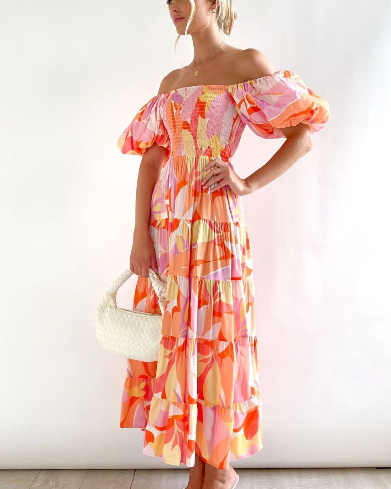 Andrea Baskılı Omuzu Açık Puf Kol Katlı Maxi Elbise