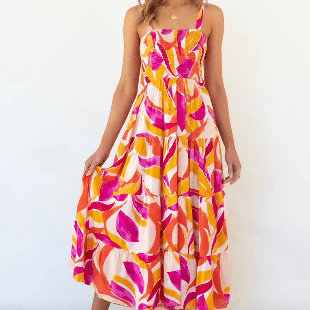 Andrea Baskılı Büzgülü Korse Katlı Maxi Sundress