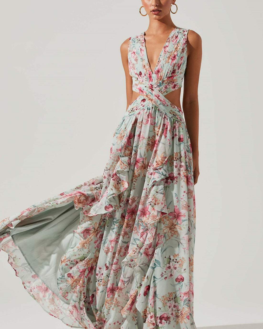 Anila Baskılı Pileli Fırfırlı Maxi Elbise