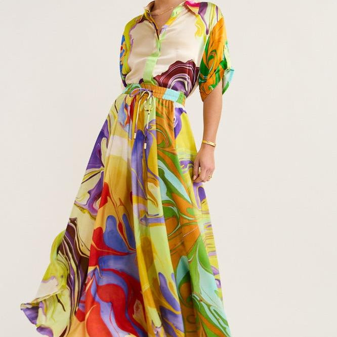 Anna Baskılı Saten Bluz Takımı