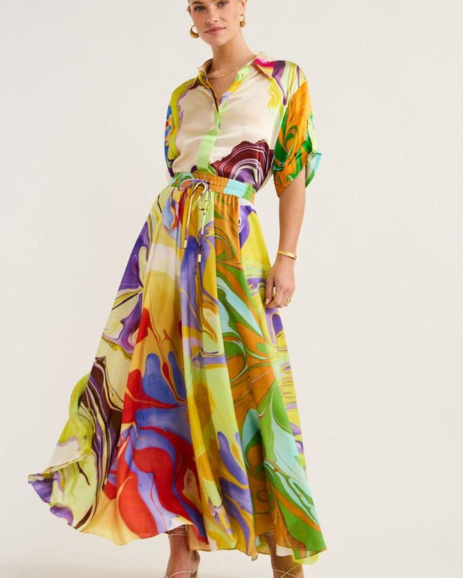 Anna Baskılı Saten Bluz Takımı