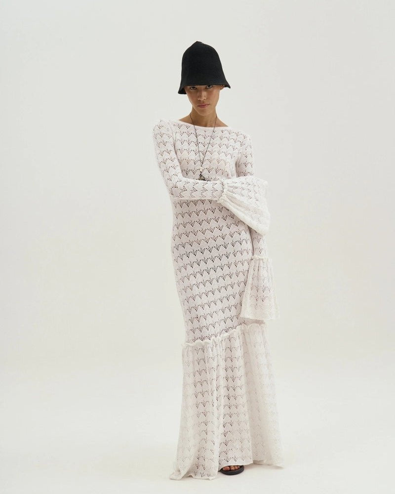 Anna Yuvarlak Yaka Kloş Manşetli Örme Uzun Elbise