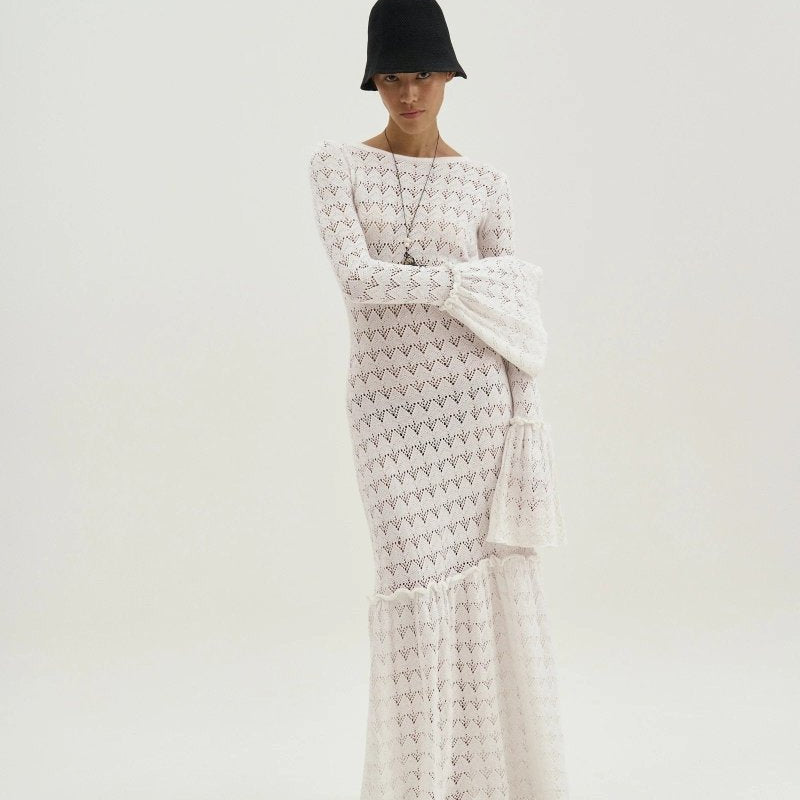 Anna Yuvarlak Yaka Kloş Manşetli Örme Uzun Elbise