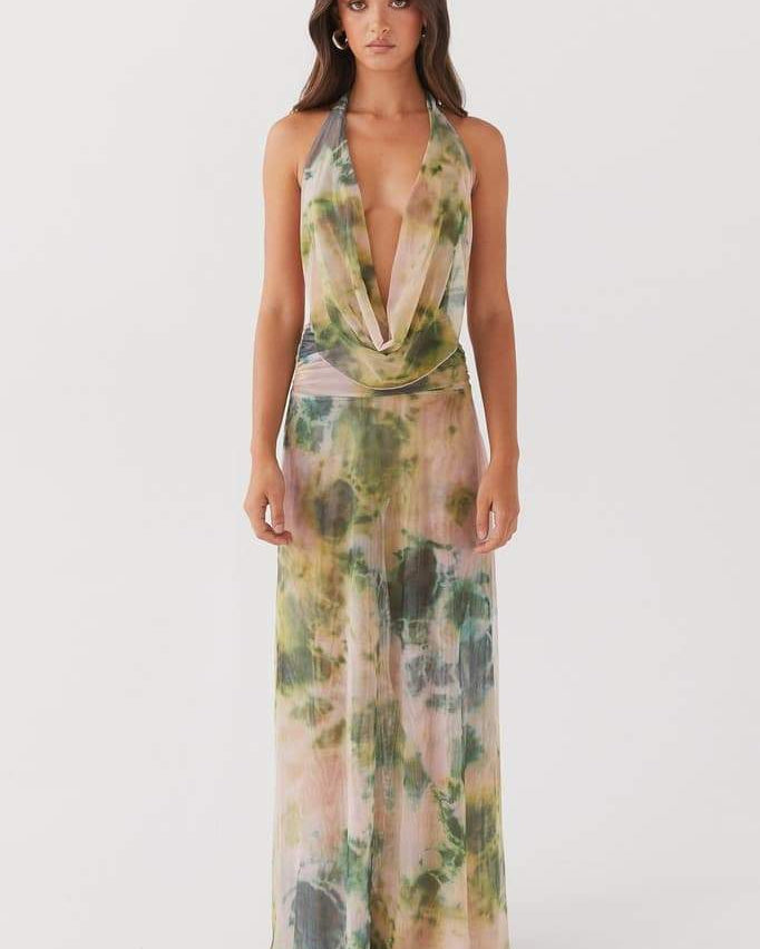 Antonia Baskılı Halter Yaka Uzun Elbise