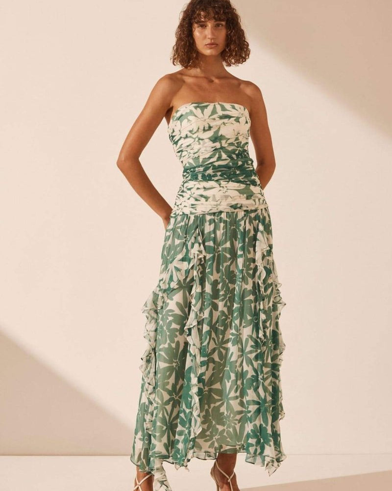 Antonia Baskılı Straplez Büzgülü Uzun Elbise