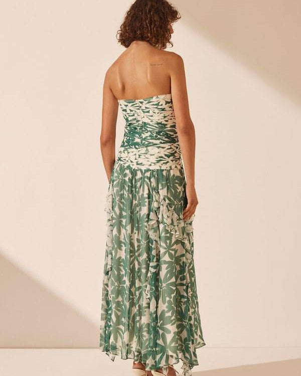 Antonia Baskılı Straplez Büzgülü Uzun Elbise