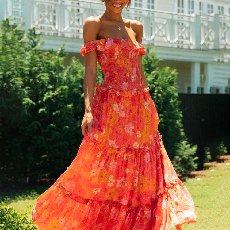 Nisan Ayı Baskılı Omuzu Büzgülü Büzgülü Uzun Elbise