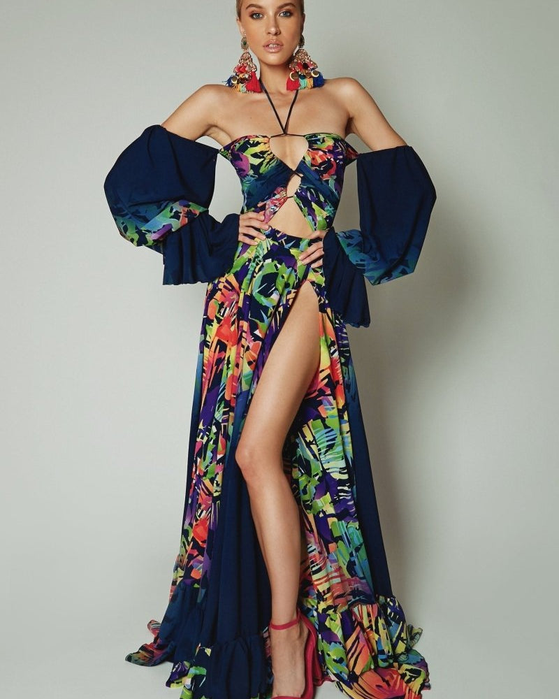 Astrid Baskılı Boyundan Bağlamalı Uzun Elbise