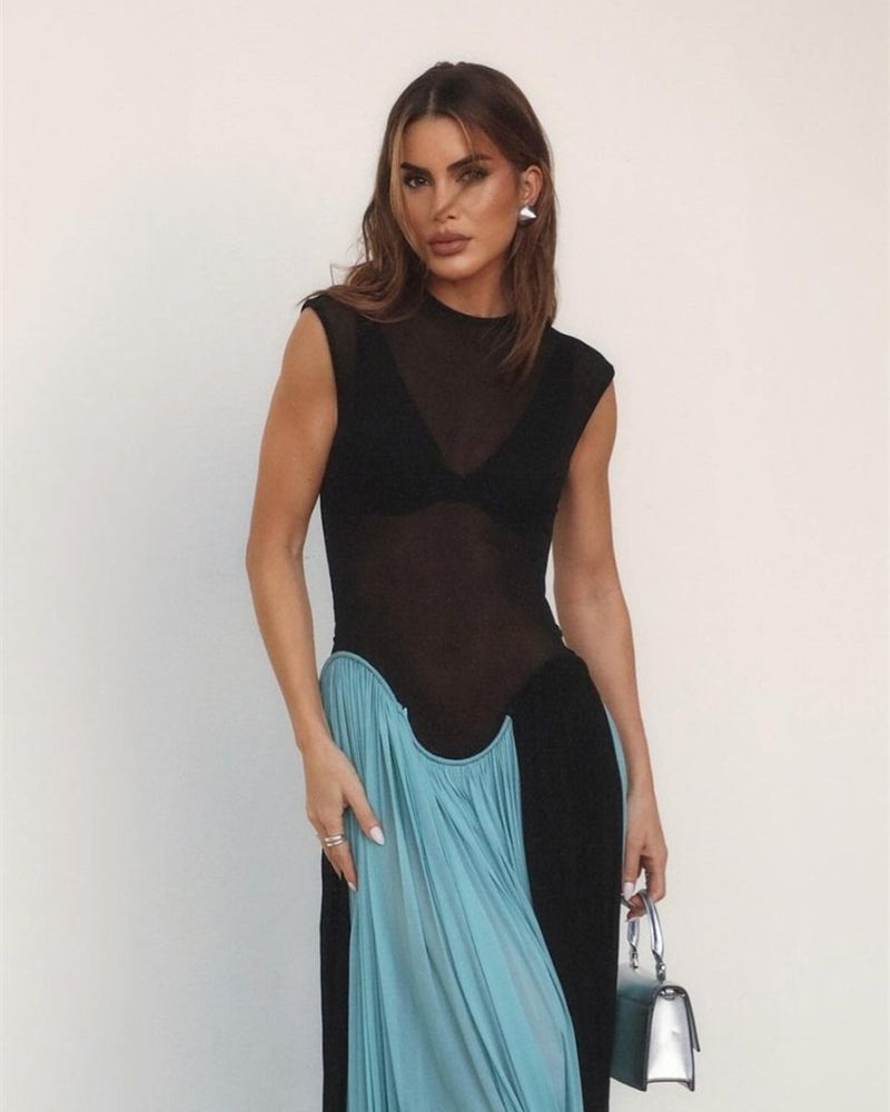 Astrid Yuvarlak Yaka Kolsuz Jarse Uzun Elbise