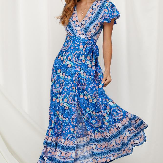 Atalan Baskılı Fırfırlı Anvelop Uzun Elbise