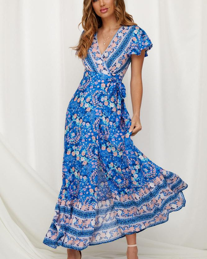 Atalan Baskılı Fırfırlı Anvelop Uzun Elbise