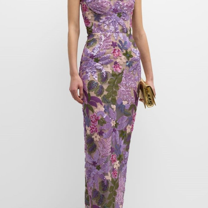 Aurora Çiçek İşlemeli Straplez Uzun Elbise