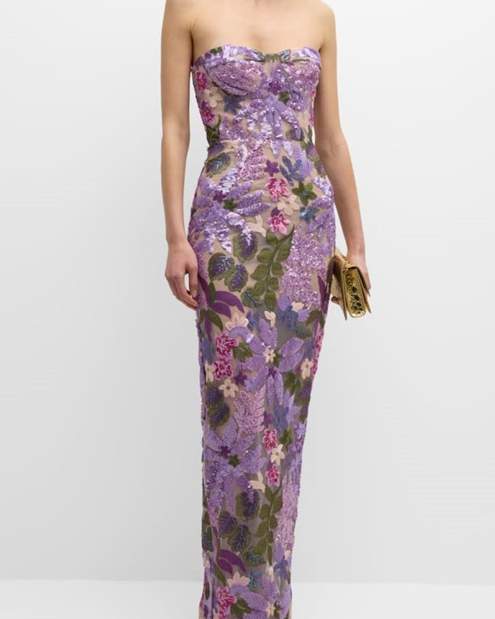 Aurora Çiçek İşlemeli Straplez Uzun Elbise