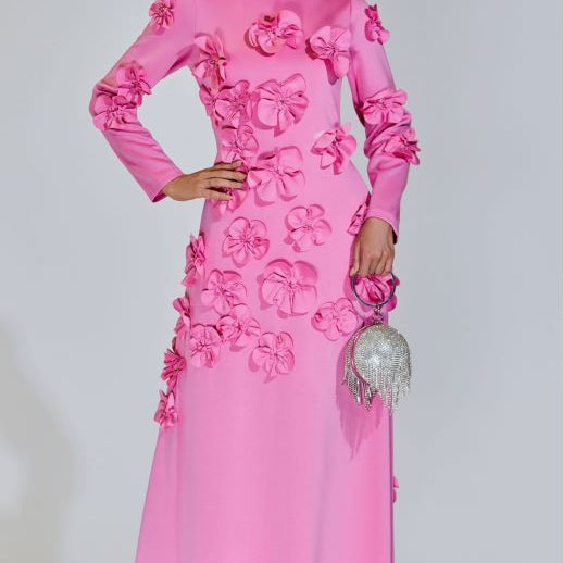 Elva Pembe Uzun Kol Çiçekli Uzun Elbise