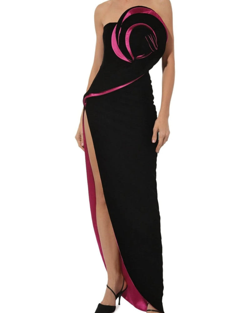 Barbara Kadife Çiçek Asimetrik Uzun Elbise