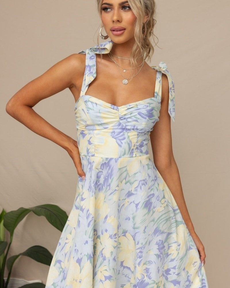 Beata Baskılı Askılı Midi Elbise