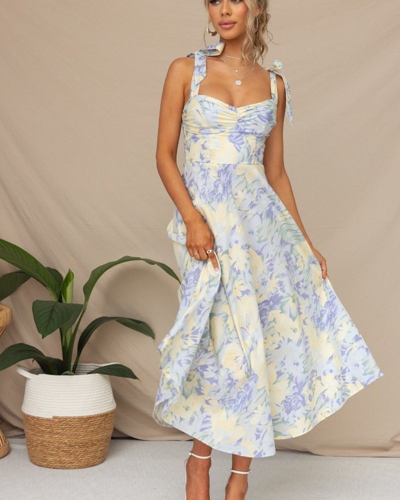 Beata Baskılı Askılı Midi Elbise