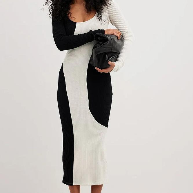 Belen Kontrast Örgü Midi Elbise