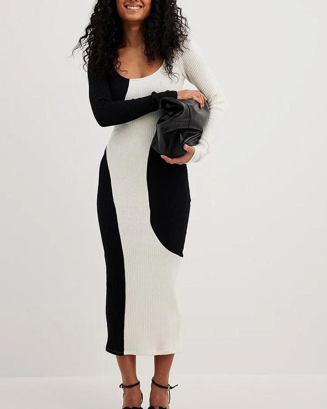 Belen Kontrast Örgü Midi Elbise