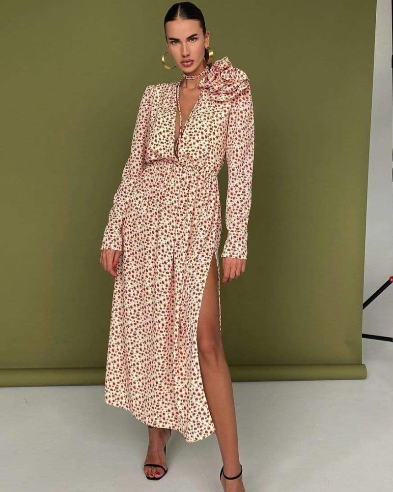 Bertha Çiçek V Yaka Midi Elbise