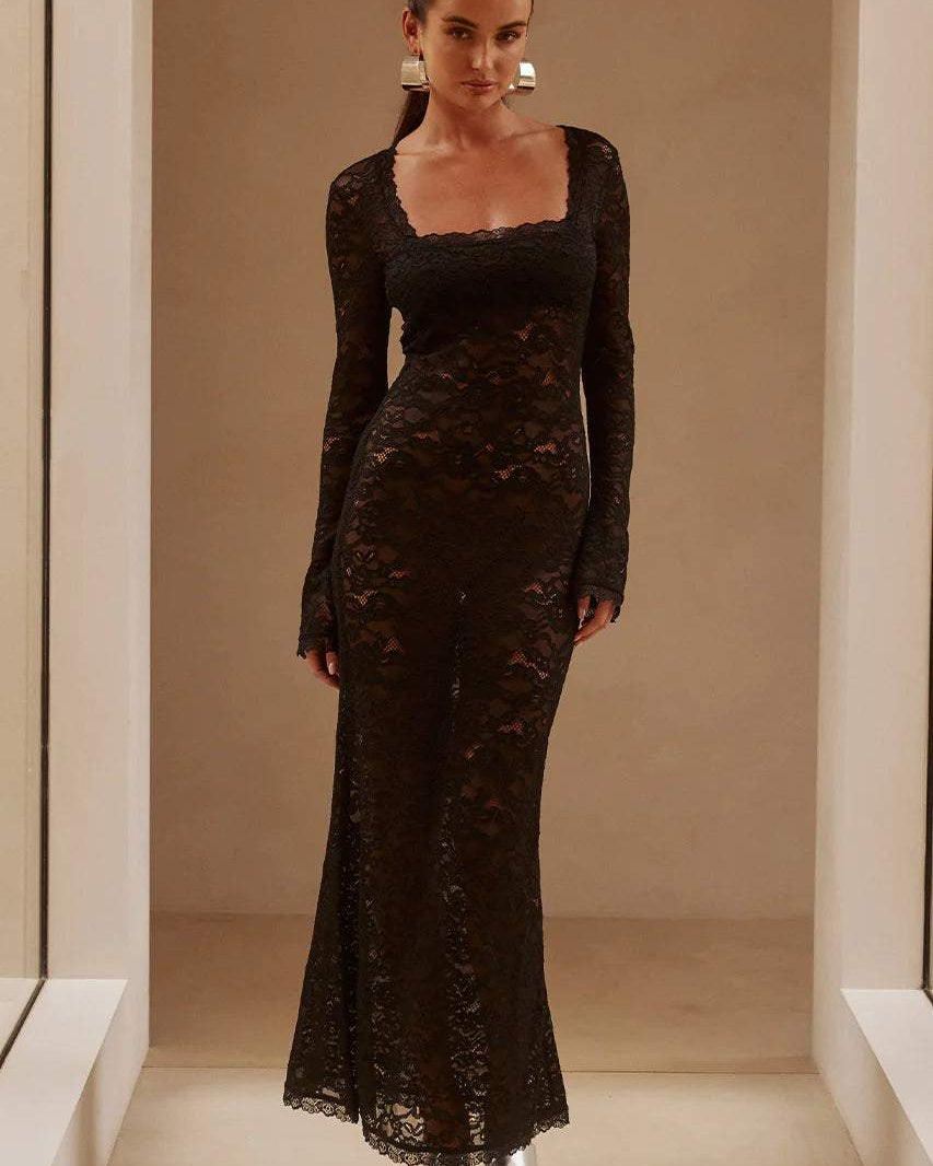 Bertha Kare Yaka Dantel Uzun Elbise