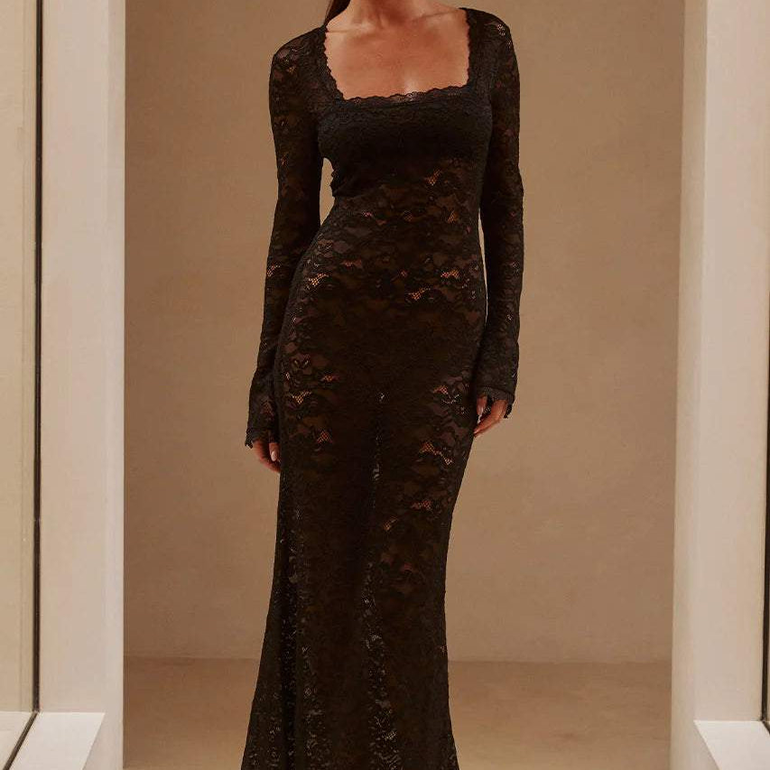 Bertha Kare Yaka Dantel Uzun Elbise