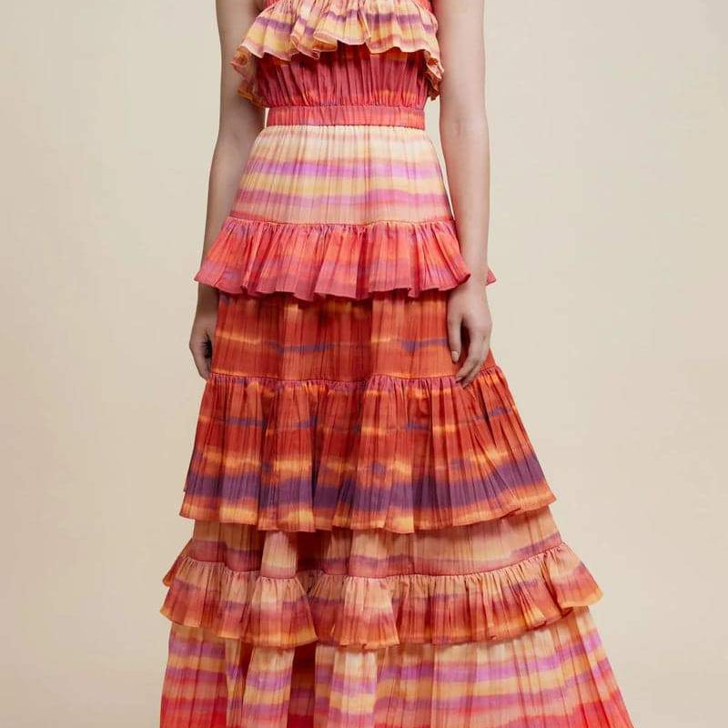 Bertina Baskılı Katmanlı Uzun Elbise