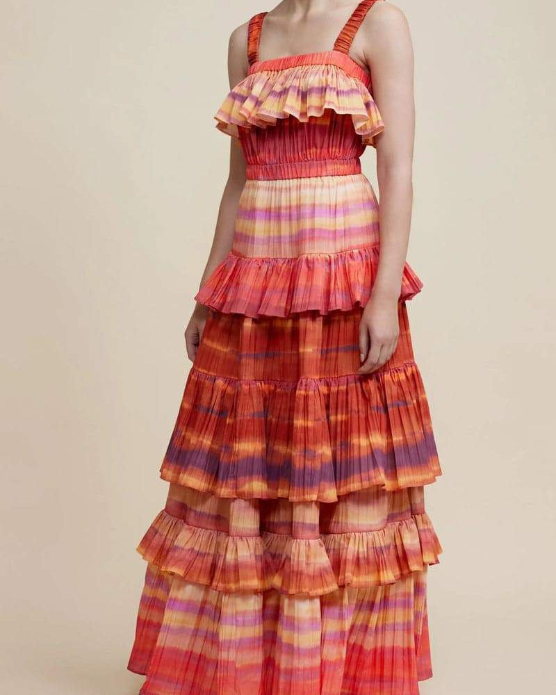 Bertina Baskılı Katmanlı Uzun Elbise