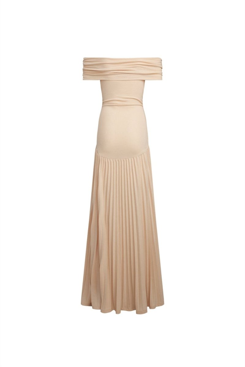 Beryl Düşük Omuz Piliseli Maxi Elbise