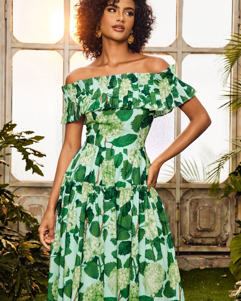 Bess Baskılı Fırfırlı Omuzu Açık Katlı Maxi Elbise