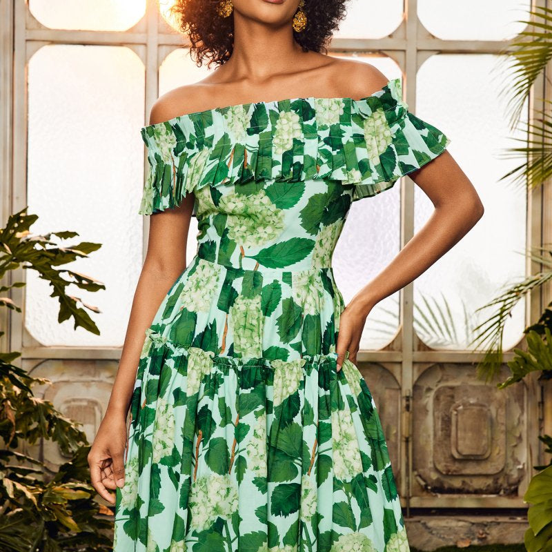 Bess Baskılı Fırfırlı Omuzu Açık Katlı Maxi Elbise