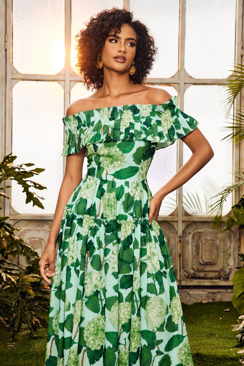 Bess Baskılı Fırfırlı Omuzu Açık Katlı Maxi Elbise