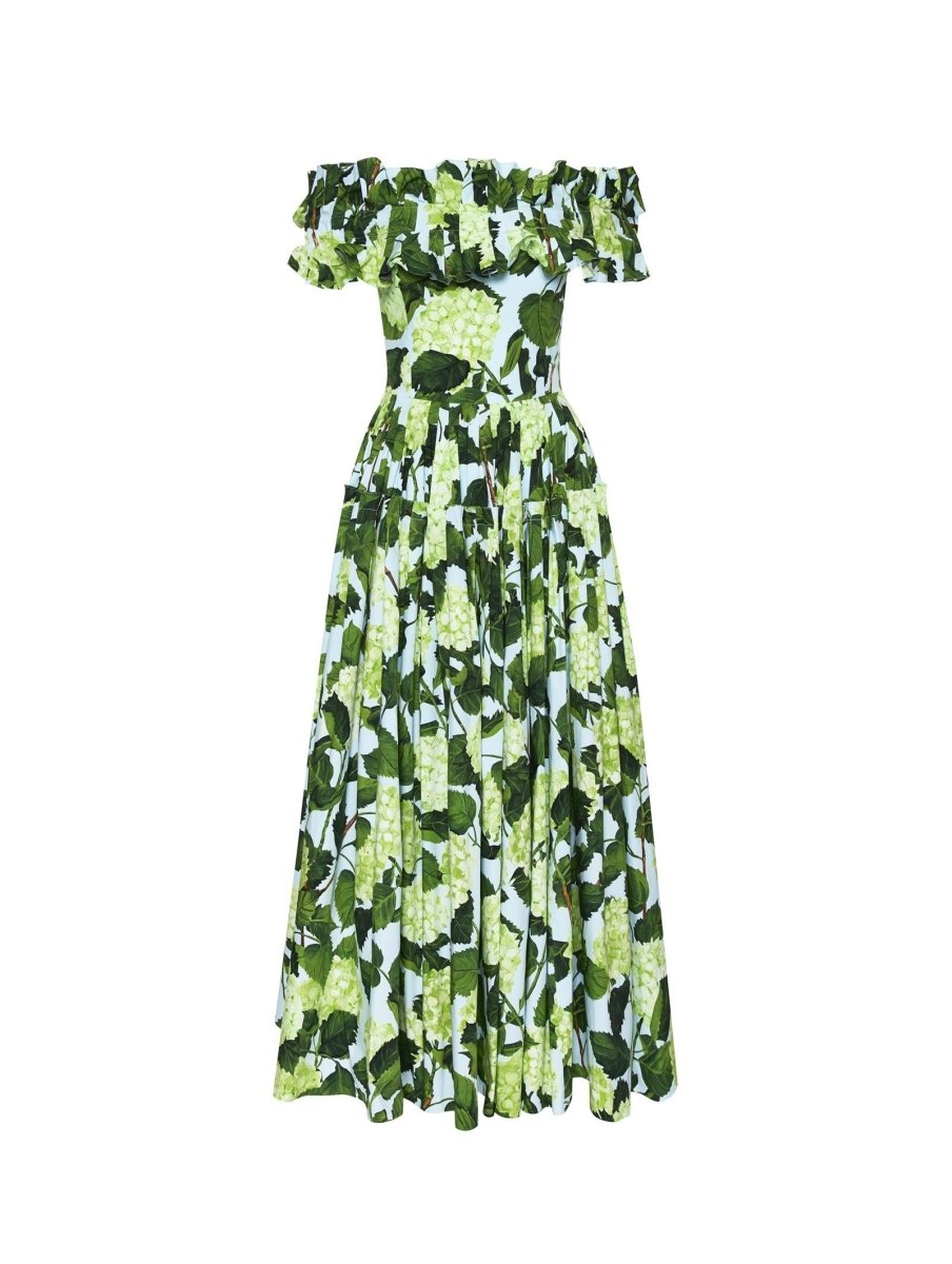 Bess Baskılı Fırfırlı Omuzu Açık Katlı Maxi Elbise