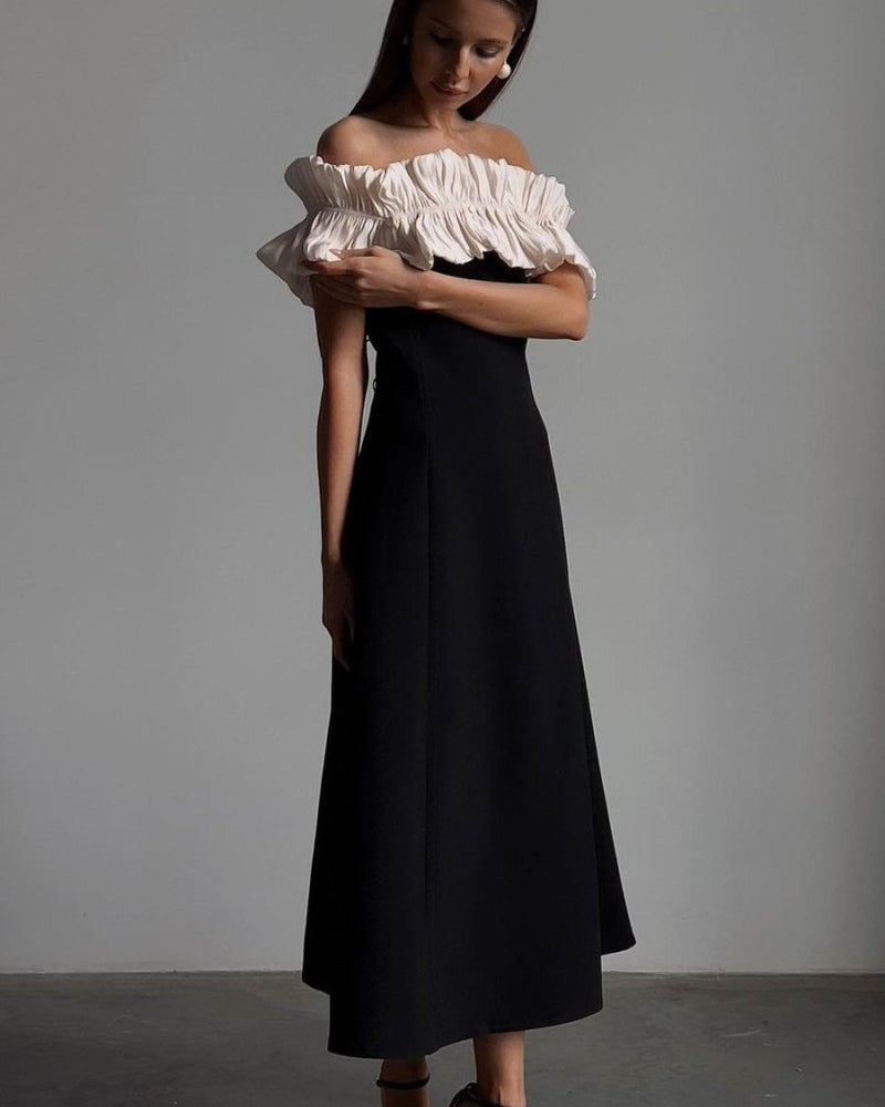 Bonnie Omuz Açık Volanlı Uzun Elbise