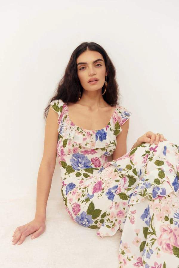 Bonnie Baskılı Fırfırlı Uzun Elbise