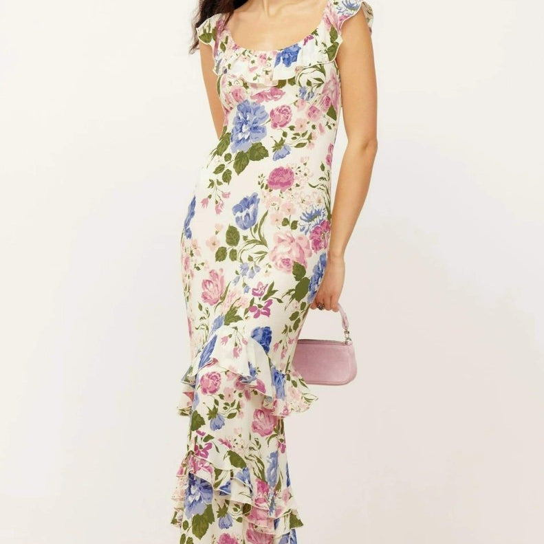 Bonnie Baskılı Fırfırlı Uzun Elbise