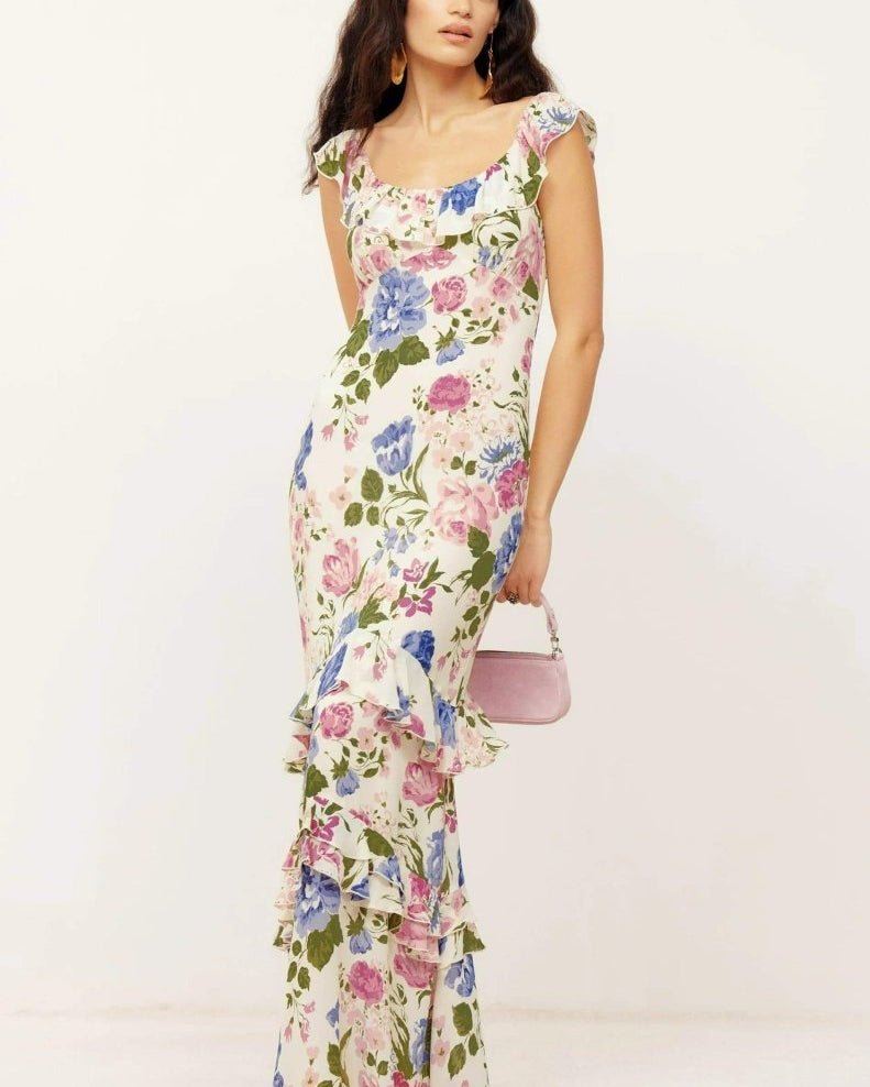 Bonnie Baskılı Fırfırlı Uzun Elbise