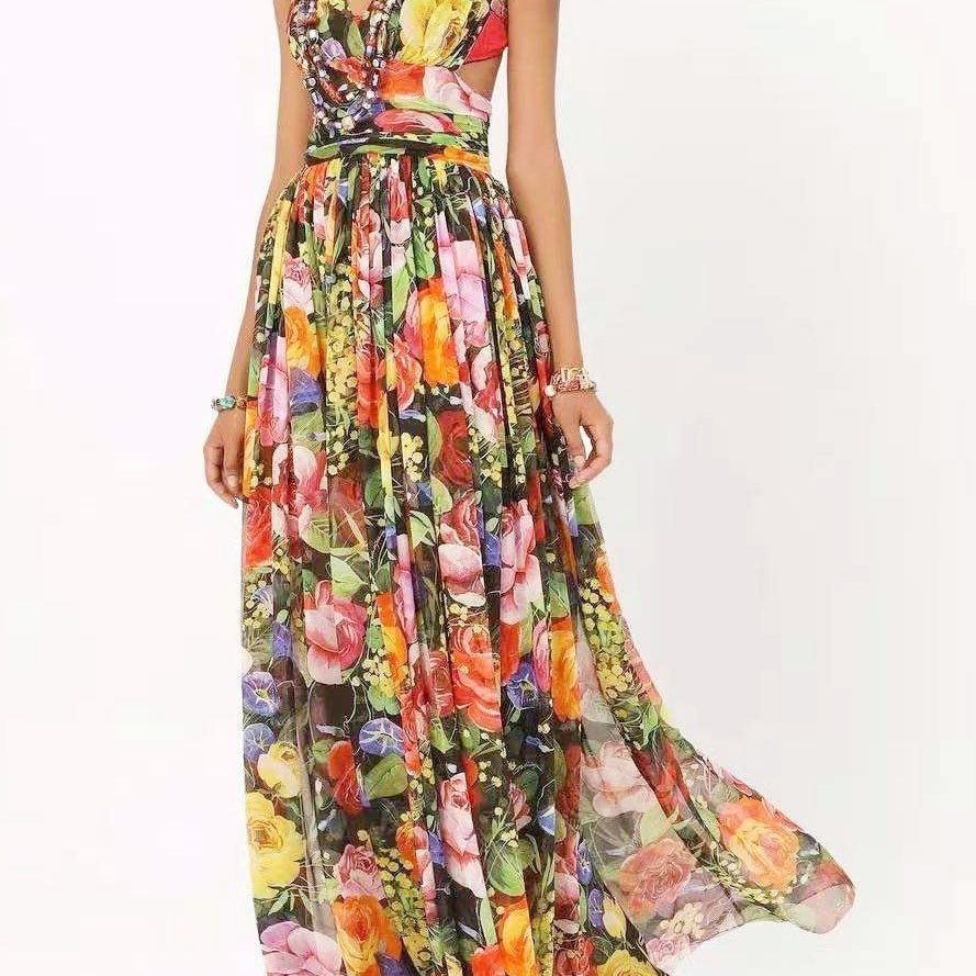 Bridget Baskılı Boyundan Bağlı Uzun Elbise