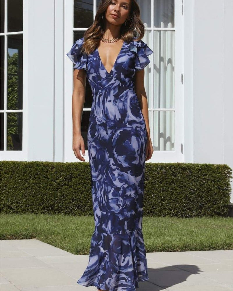 Cecil Baskılı V Yaka Fırfırlı Maxi Elbise