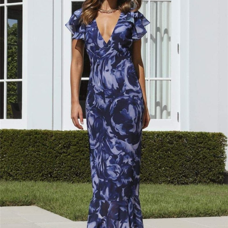 Cecil Baskılı V Yaka Fırfırlı Maxi Elbise