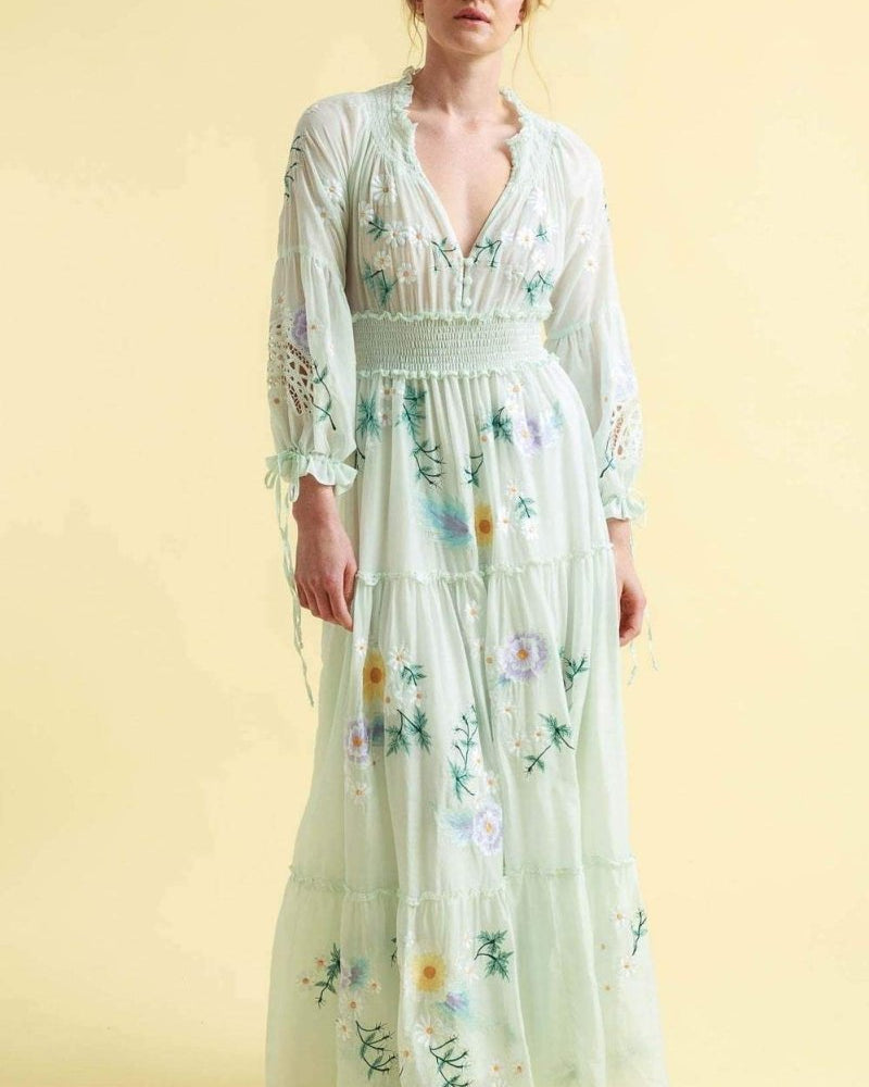 Cecilia İşlemeli V Yaka Büzgülü Maxi Elbise